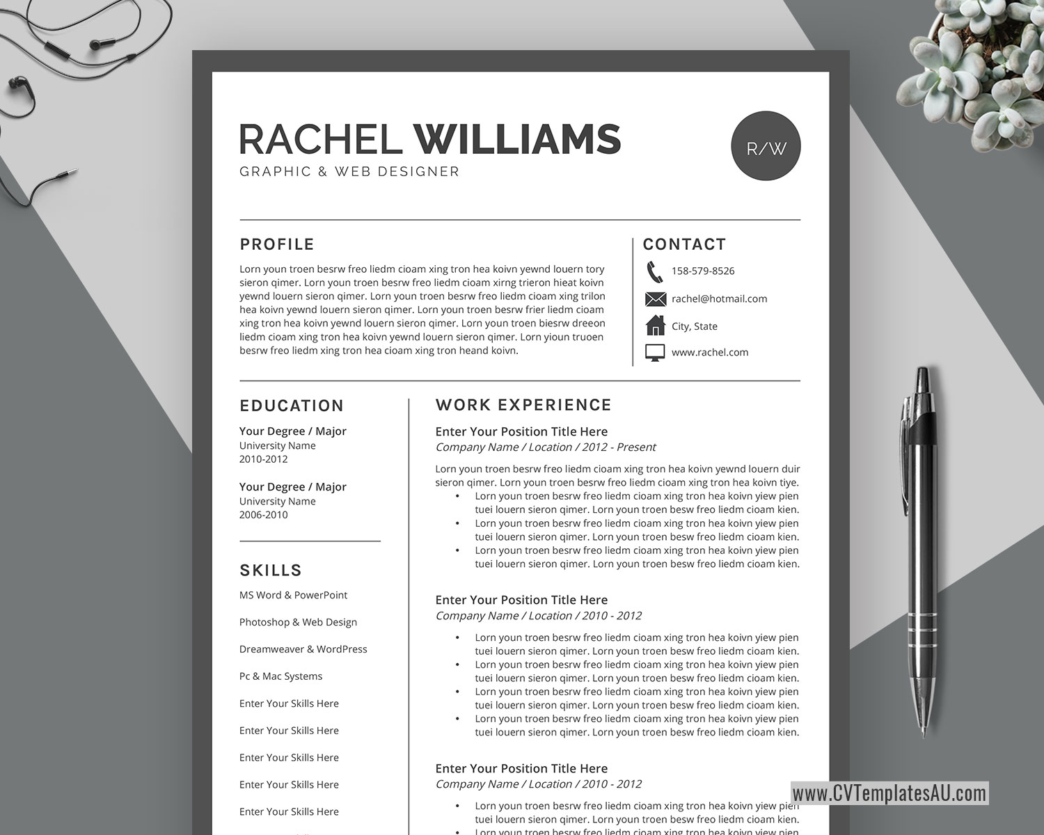 Professional Cv Template For Microsoft Word Cover Letter Curriculum Vitae Modern Resume 1 3 Page Resume Editable Resume Job Winning Resume Instant Download Cvtemplatesau Com